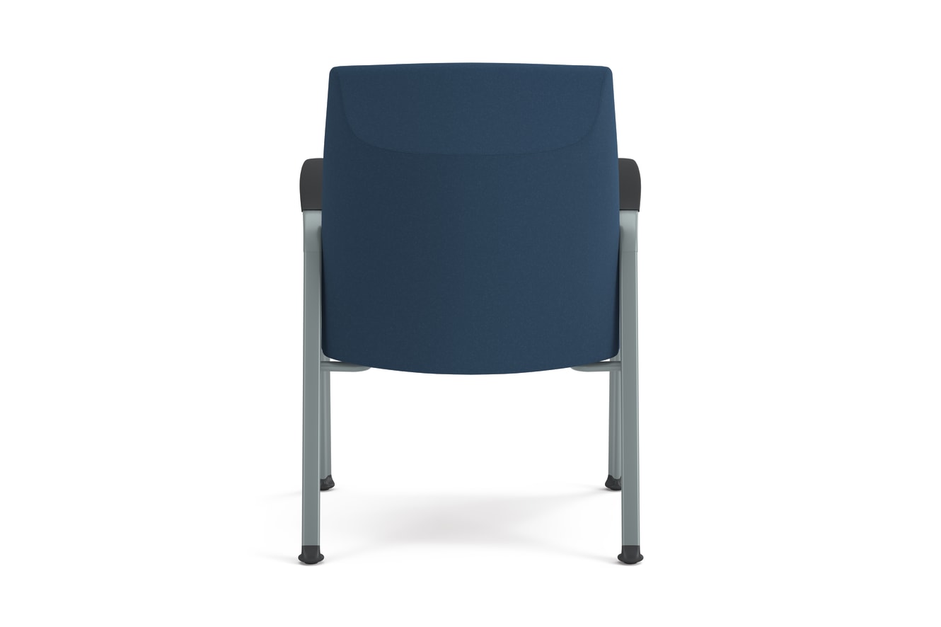 Blue cushioned guest chair with textured fabric, metal frame, and integrated armrests, designed for modern office or waiting areas.