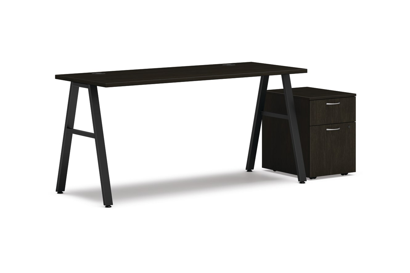 Mod table desk in Java Oak and Black a-legs with mobile pedestal