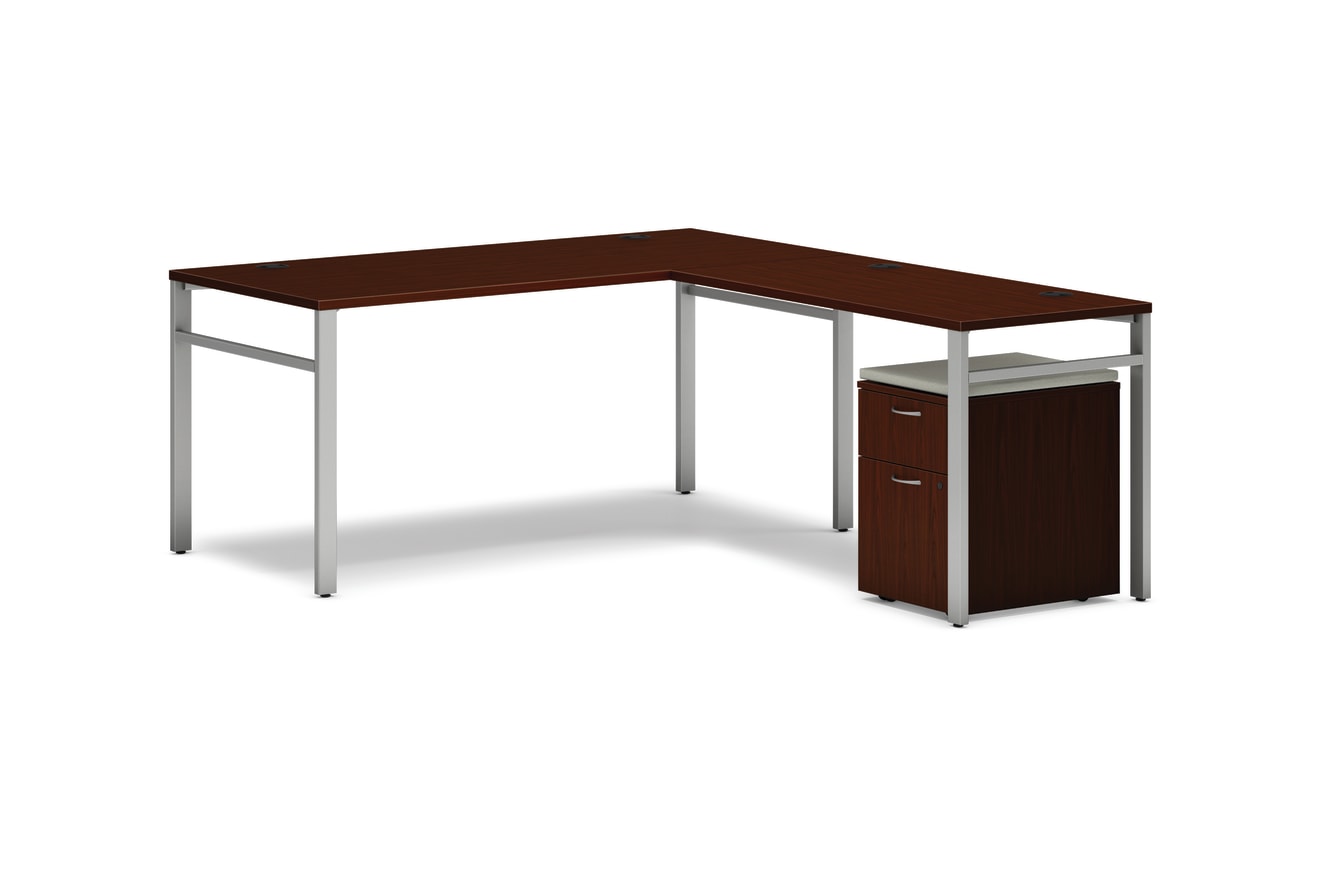 Mod l-station with storage in Traditional Mahogany and Silver U-Legs