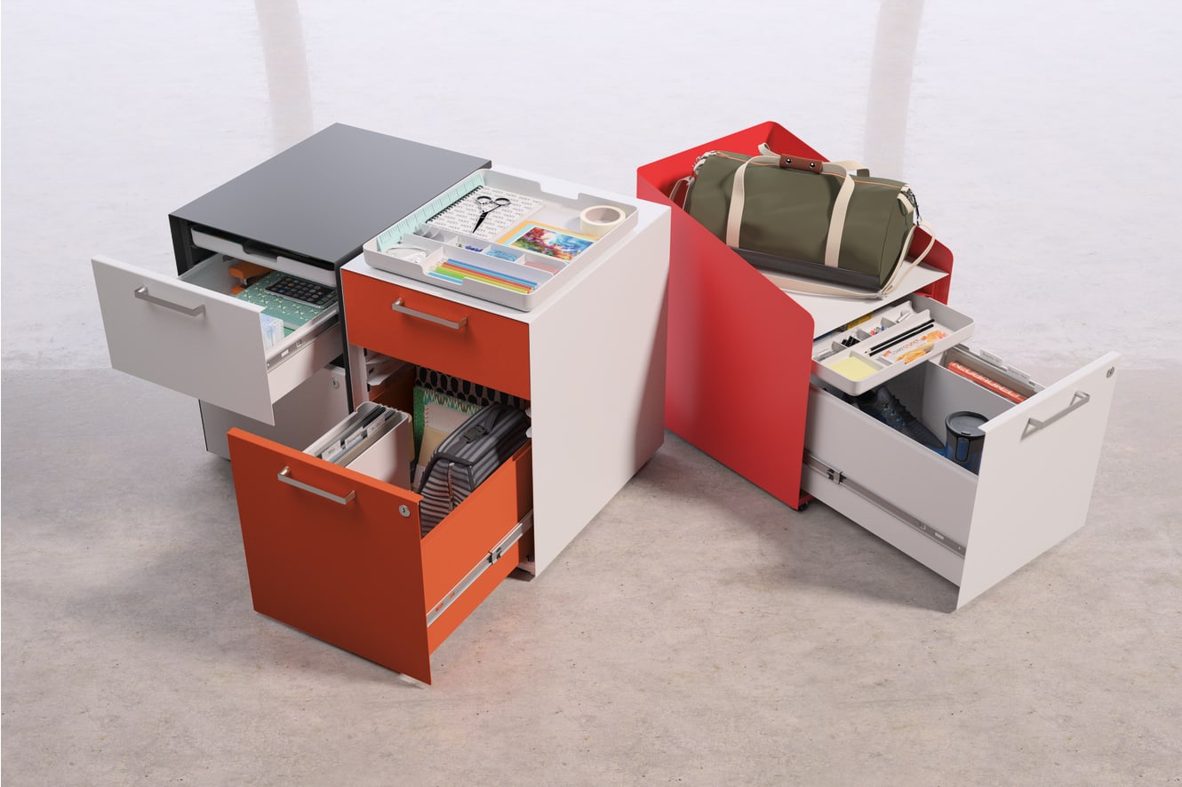 The image depicts various office storage and organization items, including a filing cabinet, drawers, and a red suitcase, all arranged on a light-colored floor.