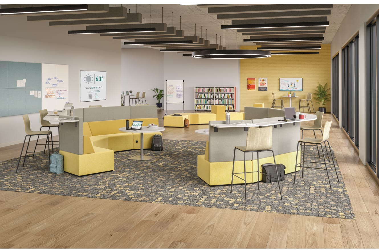 Tangram Bistro-backs with Ruck chairs, Birk tables, Workwall, Class-ifi bookcases, Motivate mobile markerboard and Tangram chairs and ottomans.