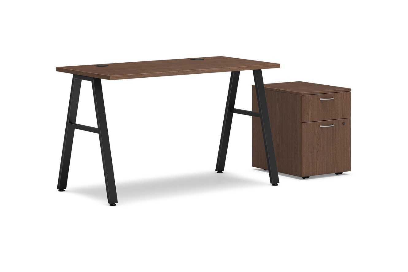 Mod table desk in Sepia Walnut and Black a-legs with mobile pedestal