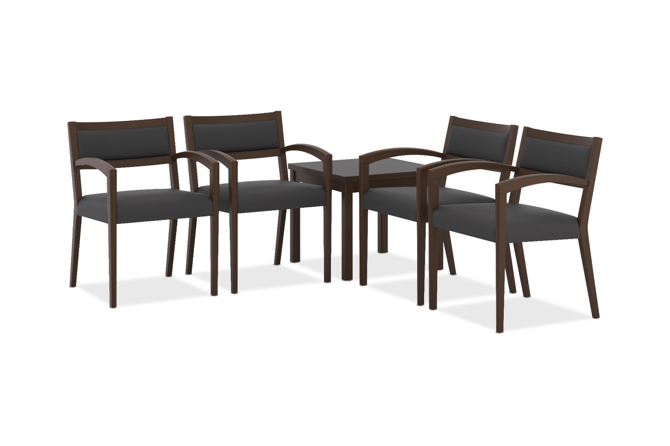 The image shows a set of six modern, minimalist chairs with dark brown wooden frames and black upholstered seats and backrests, arranged in a group.