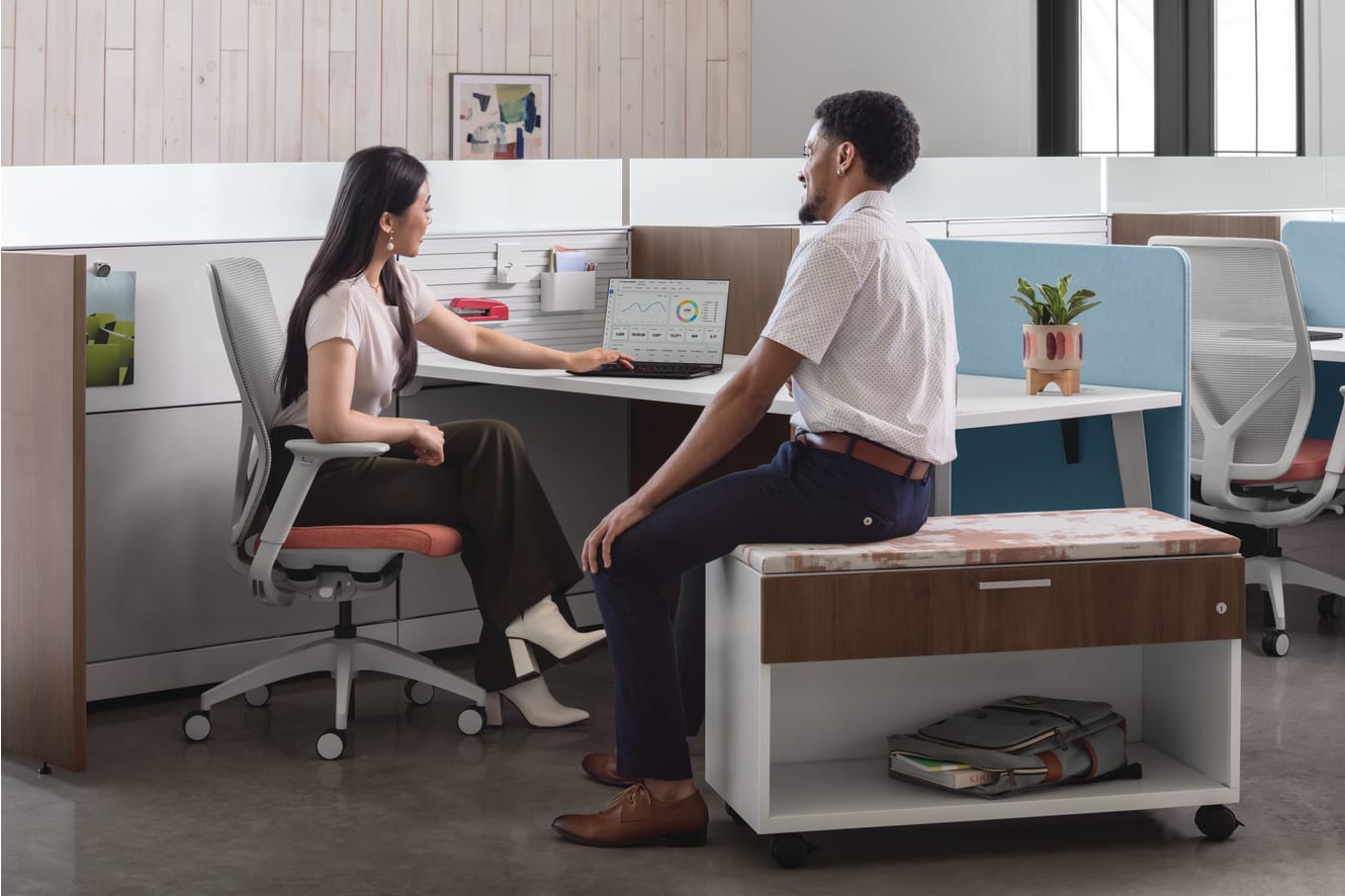 Flexion Seating with Abound Workstations, Contain Mobile Credenzas