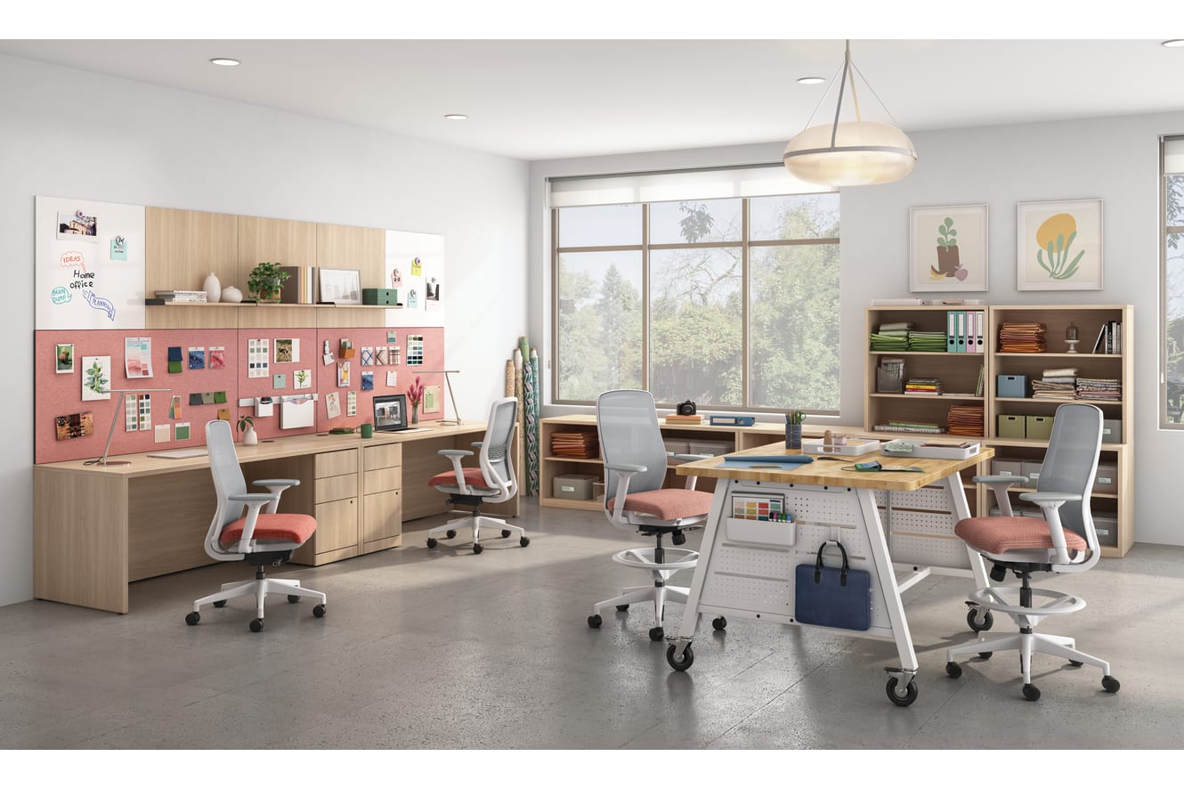 A designer's space featuring Nucleus task chairs and stools with 10500 Series storage and Makerspace tables.