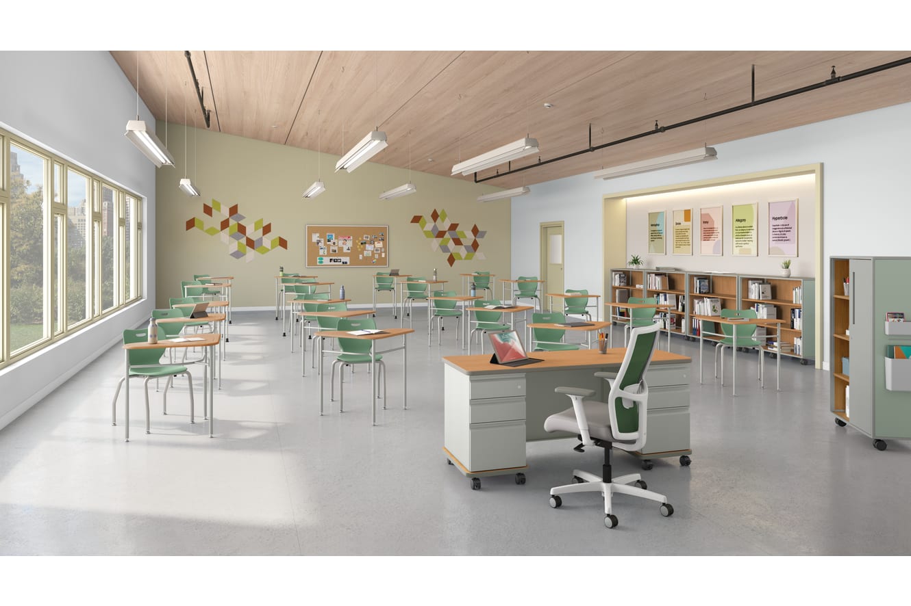 Classroom with triangle SmartLink desks and green student chairs