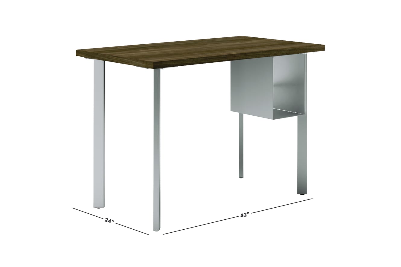 Florence walnut Coze table desk with silver post legs and undermount storage