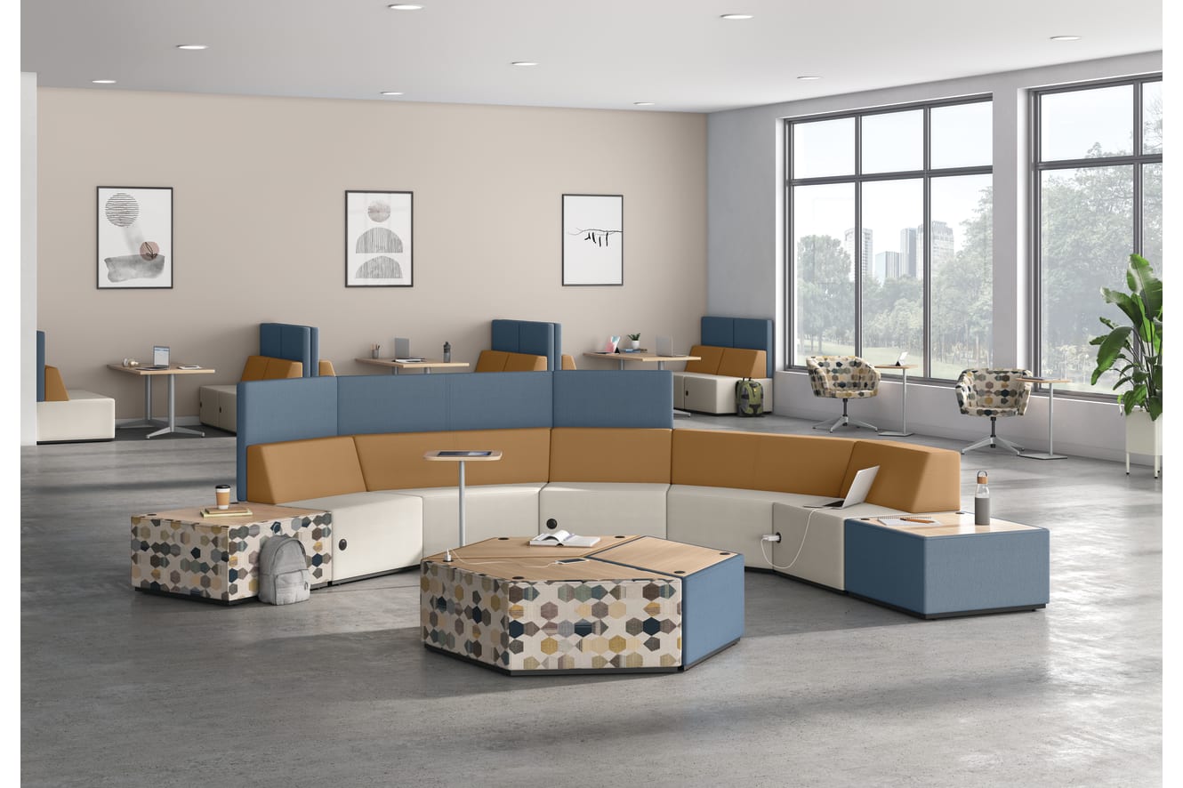 A café/commons environment featuring Tangram and Flock seating with Birk and Preside tables.