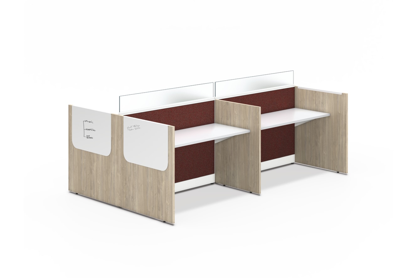 Accelerate 4-pack cubicle workstations separated by gallery panels with hanging markerboards