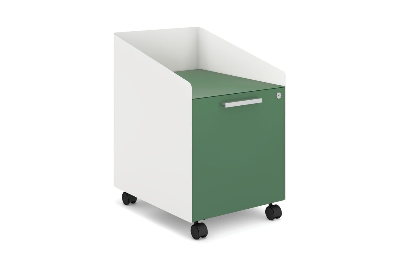 A white storage unit with a green drawer on casters.