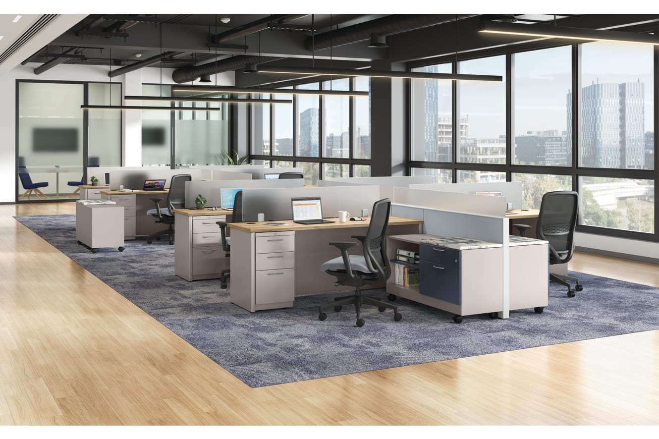 An open plan Abound cubicle layout with Nucleus task seating and Contain storage options.