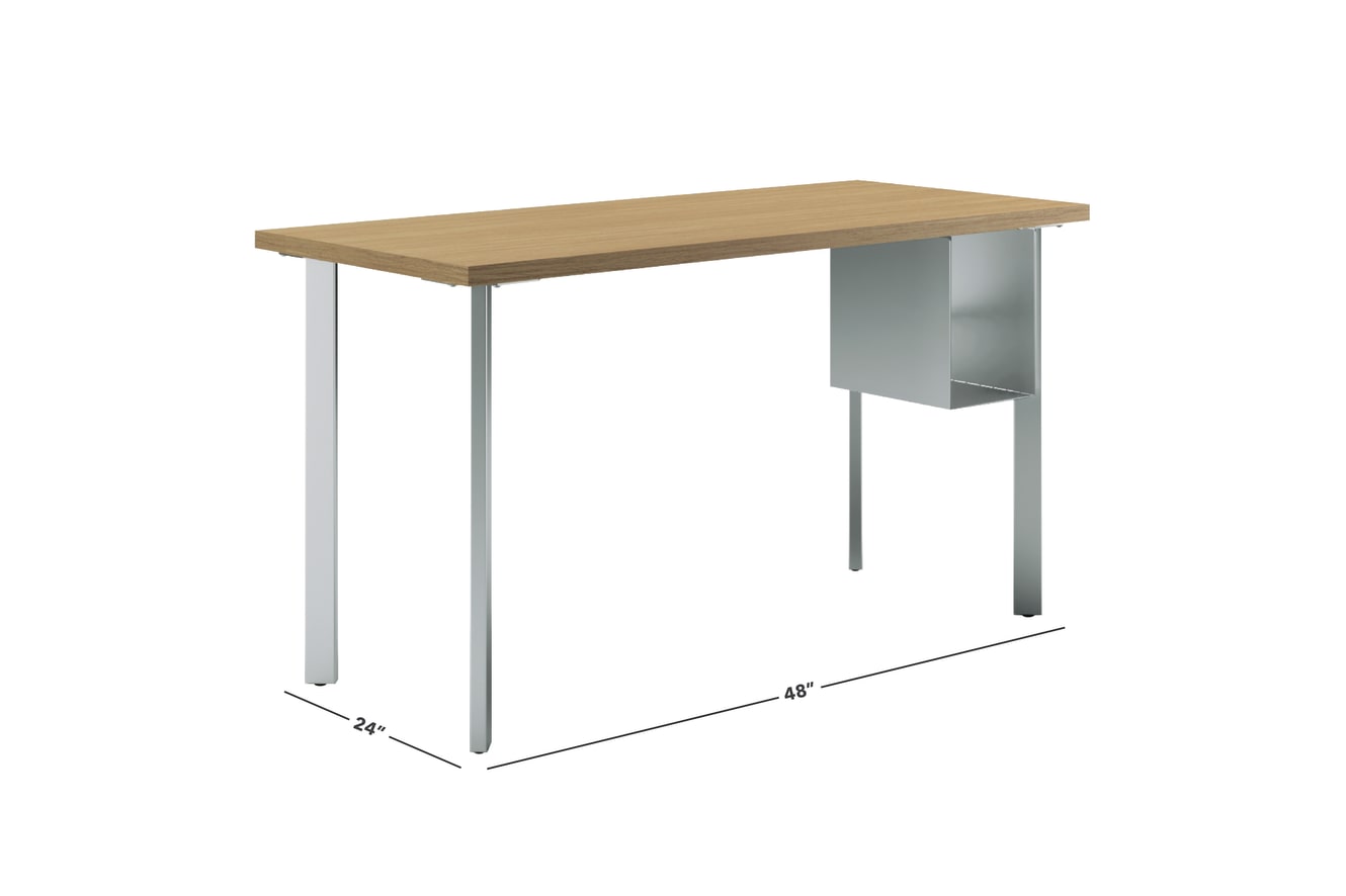 Natural recon Coze table desk with silver post legs and undermount storage