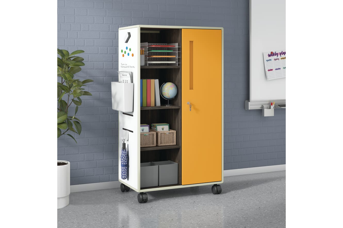Mobile storage cabinet with orange locking door, open shelves, white side panel, and casters in classroom setting.