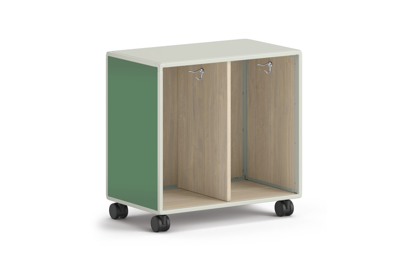 Low mobile storage unit with two open compartments and green side panels.