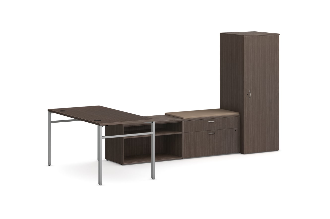 Mod L-Station Desk with Personal Storage Tower in Slate Teak with Silver Legs