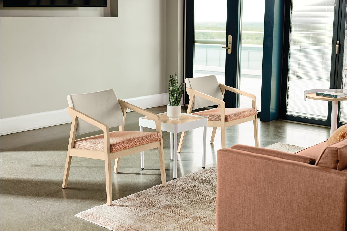Confer chair with West Hill sofa and Sculpt tables