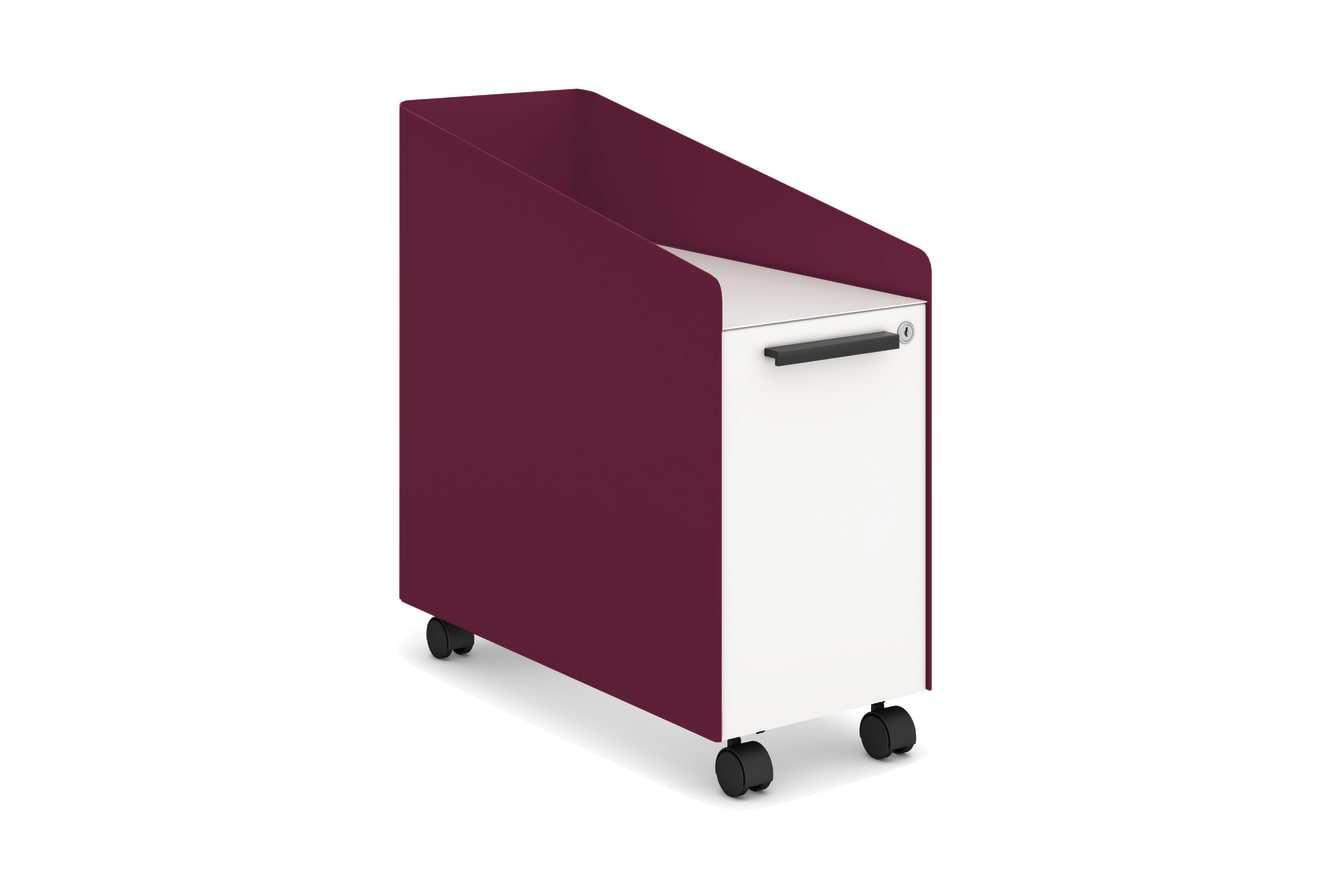 A burgundy-colored mobile filing cabinet with a white drawer and casters on the bottom.