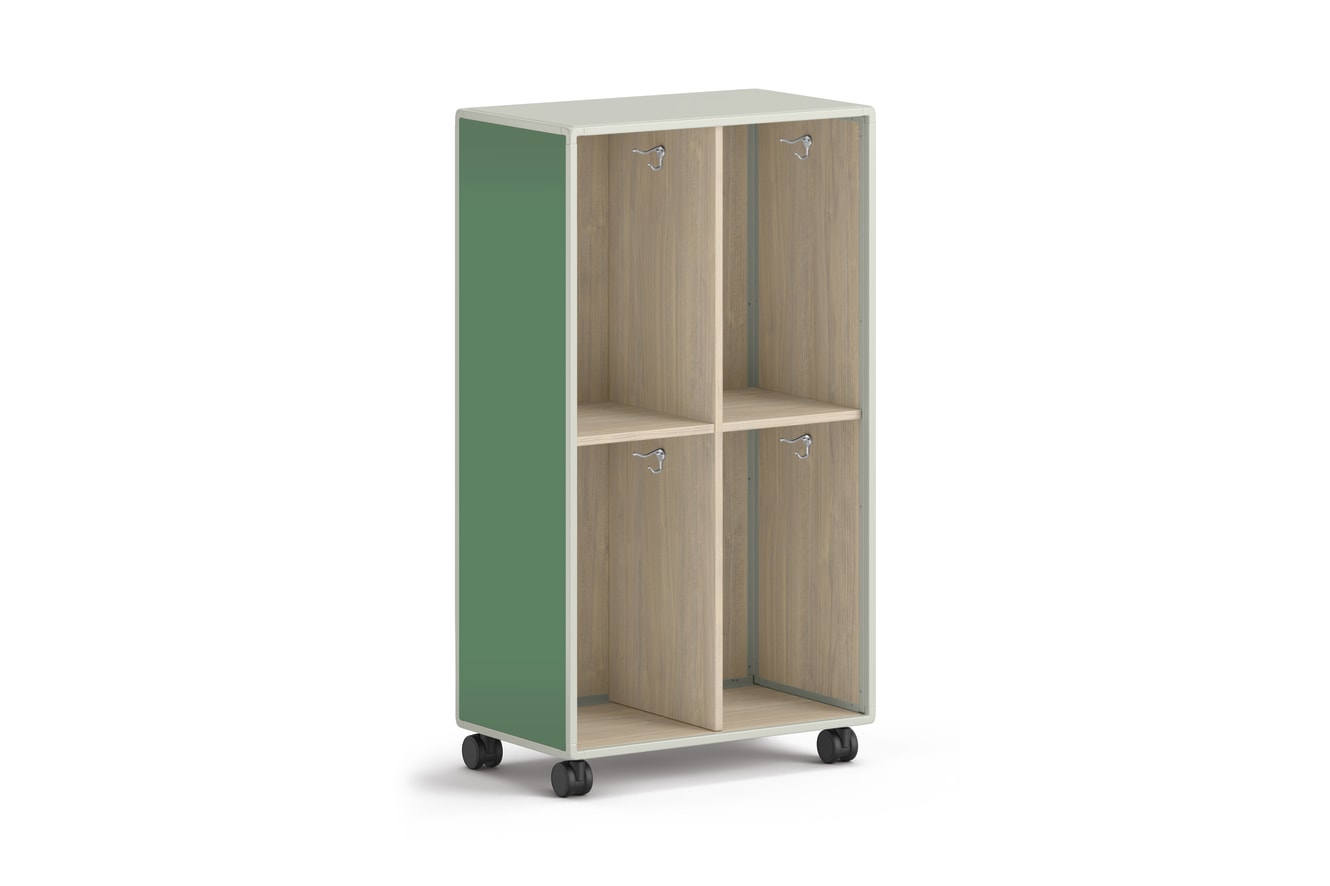 Tall mobile storage unit with four square cubbies and green side panels.