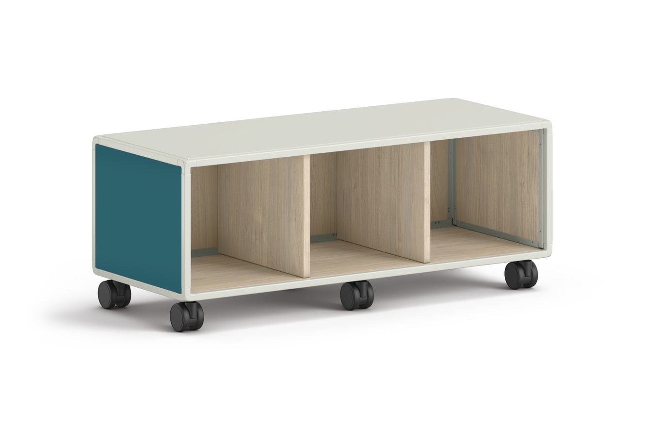 Low mobile storage unit with three open compartments and teal side panels.