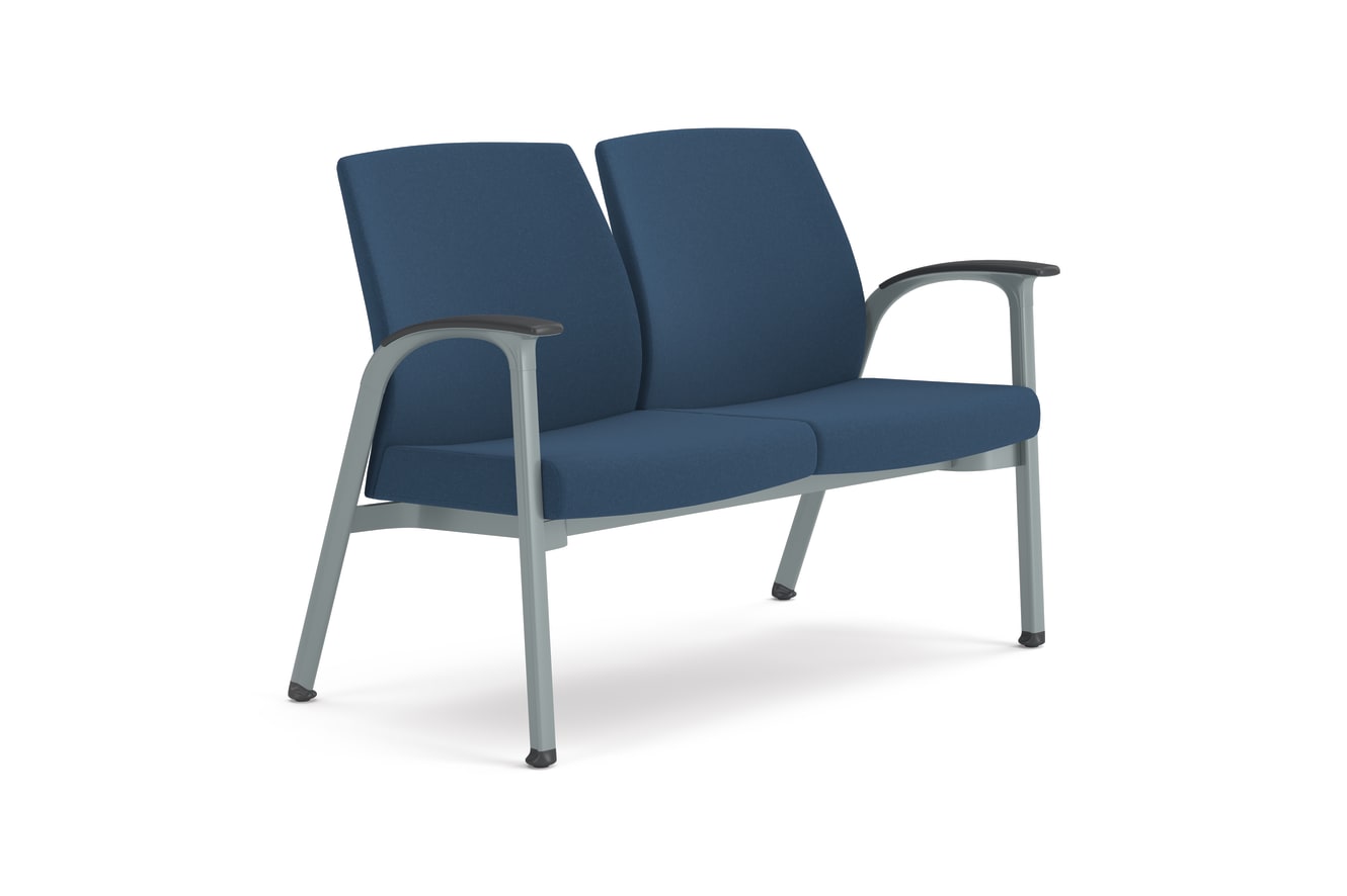 Two-seat guest chair with blue textured cushions, metal frame, and integrated armrests, designed for modern office or waiting areas.