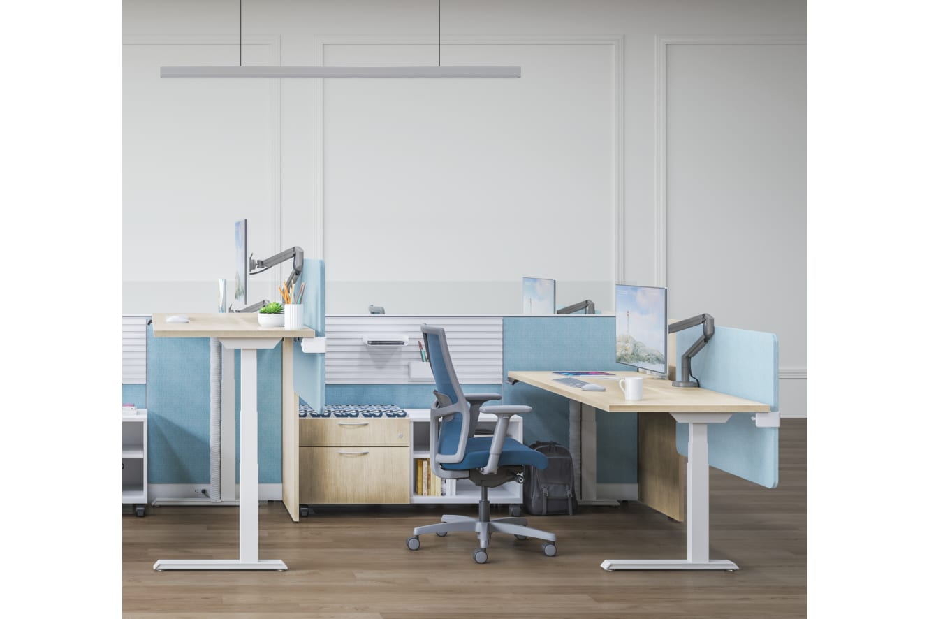 Abound cubicles with gallery panels and Contain credenzas.