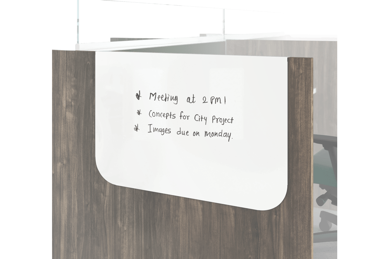 Gallery panel hanging markerboard on the end of a workstation.