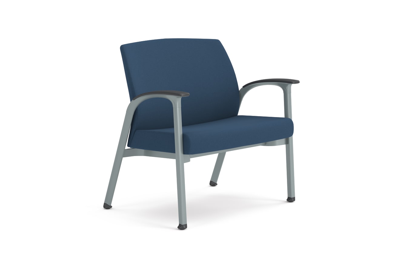 Blue cushioned guest chair with textured fabric, metal frame, and integrated armrests, designed for modern office or waiting areas.