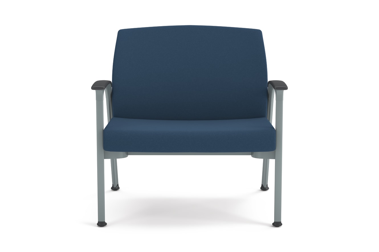Blue cushioned guest chair with textured fabric, metal frame, and integrated armrests, designed for modern office or waiting areas.