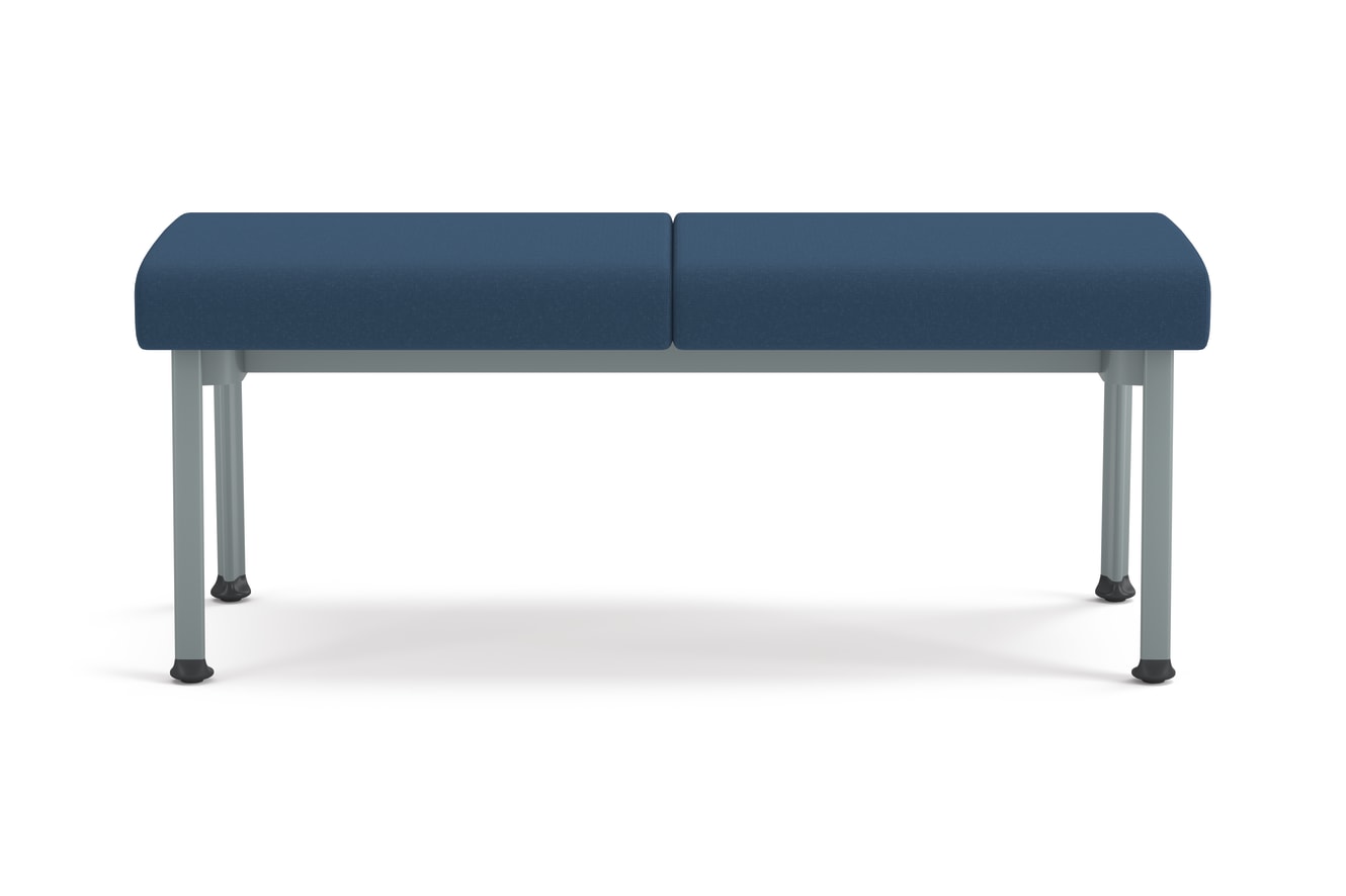 Modern two-seat bench with blue upholstered cushions and metal legs, designed for waiting areas or collaborative spaces