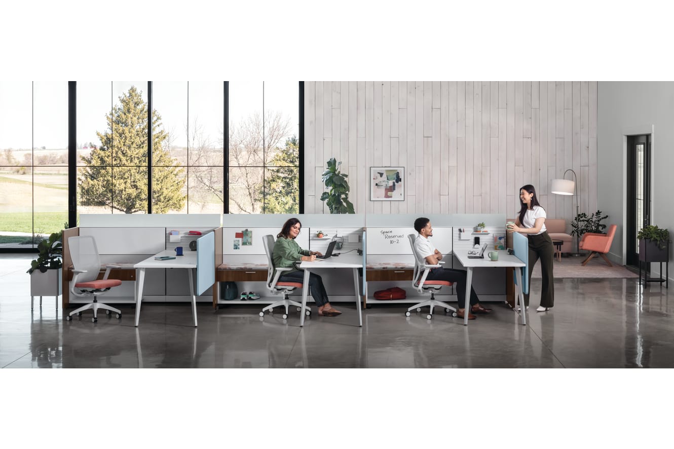 Flexion Seating with Abound Workstations, Contain Mobile Credenzas, Sculpt planters, West Hill and Mav Collaborative Seating