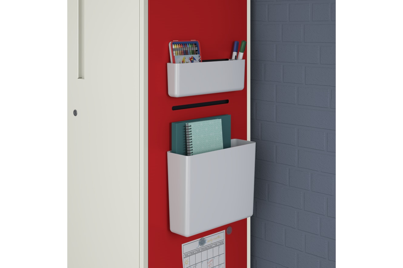 Class-ifi teacher command station showing slotted end panel with Fuse accessories holding markers and notebooks.