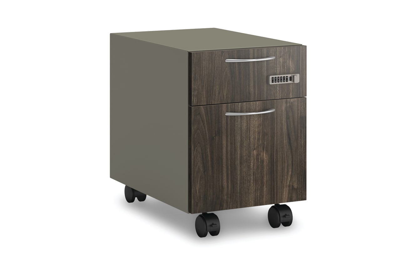 Contain pedestal with woodgrain laminate drawer fronts on a white background