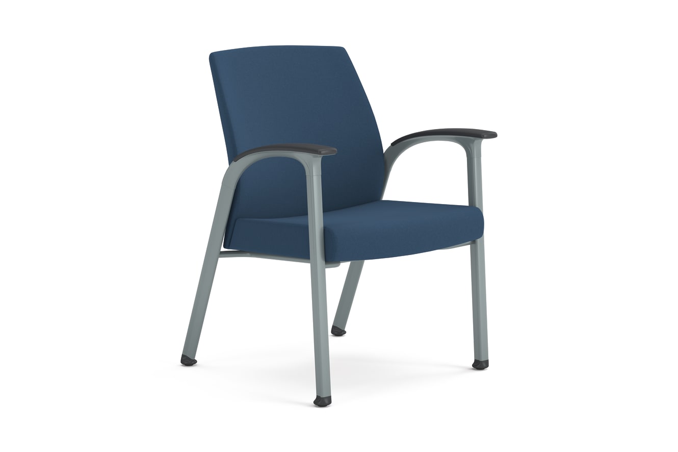 Blue cushioned guest chair with textured fabric, metal frame, and integrated armrests, designed for modern office or waiting areas.