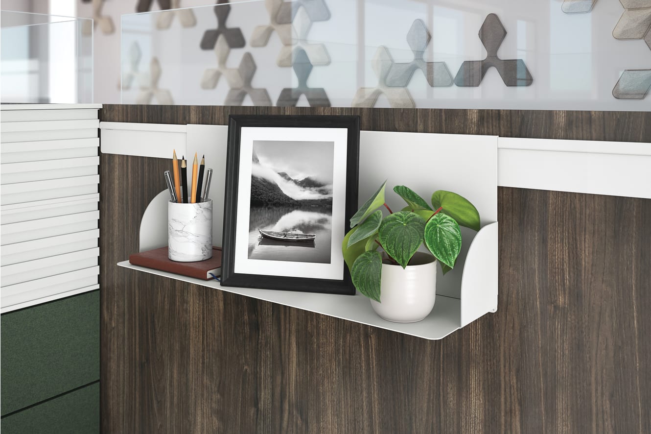 Gallery panel personal shelf holding pencil cup, picture frame and plant.