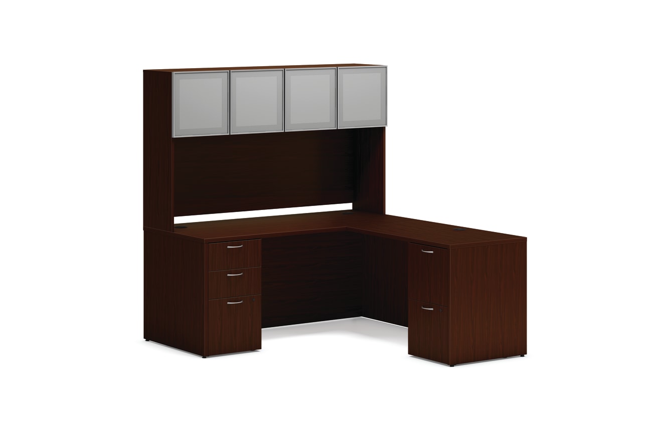 Mod double pedestal l-station with storage in Traditional Mahogany