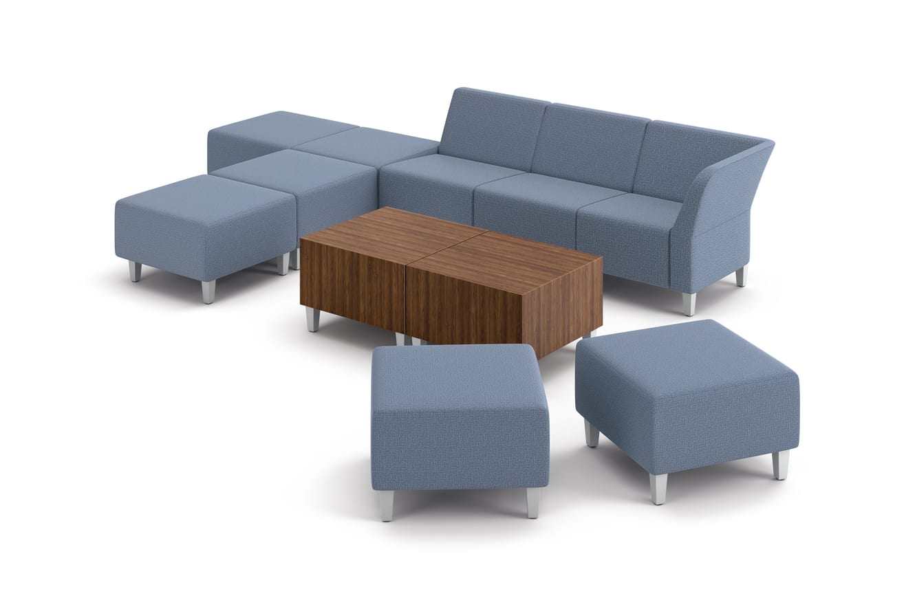 Flock modular chairs around cube tables.