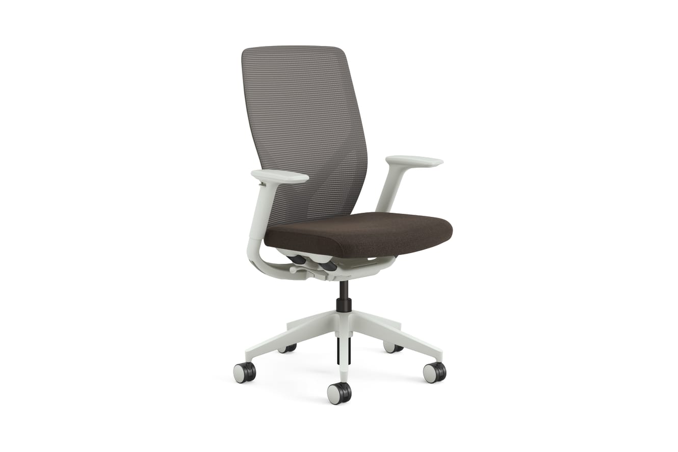 Right 3/4 view of HON Flexion chair with Brown seat fabric and Salt frame.