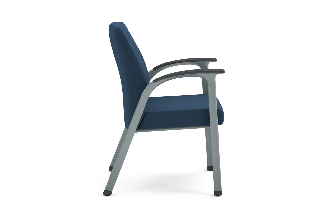 Blue cushioned guest chair with textured fabric, metal frame, and integrated armrests, designed for modern office or waiting areas.