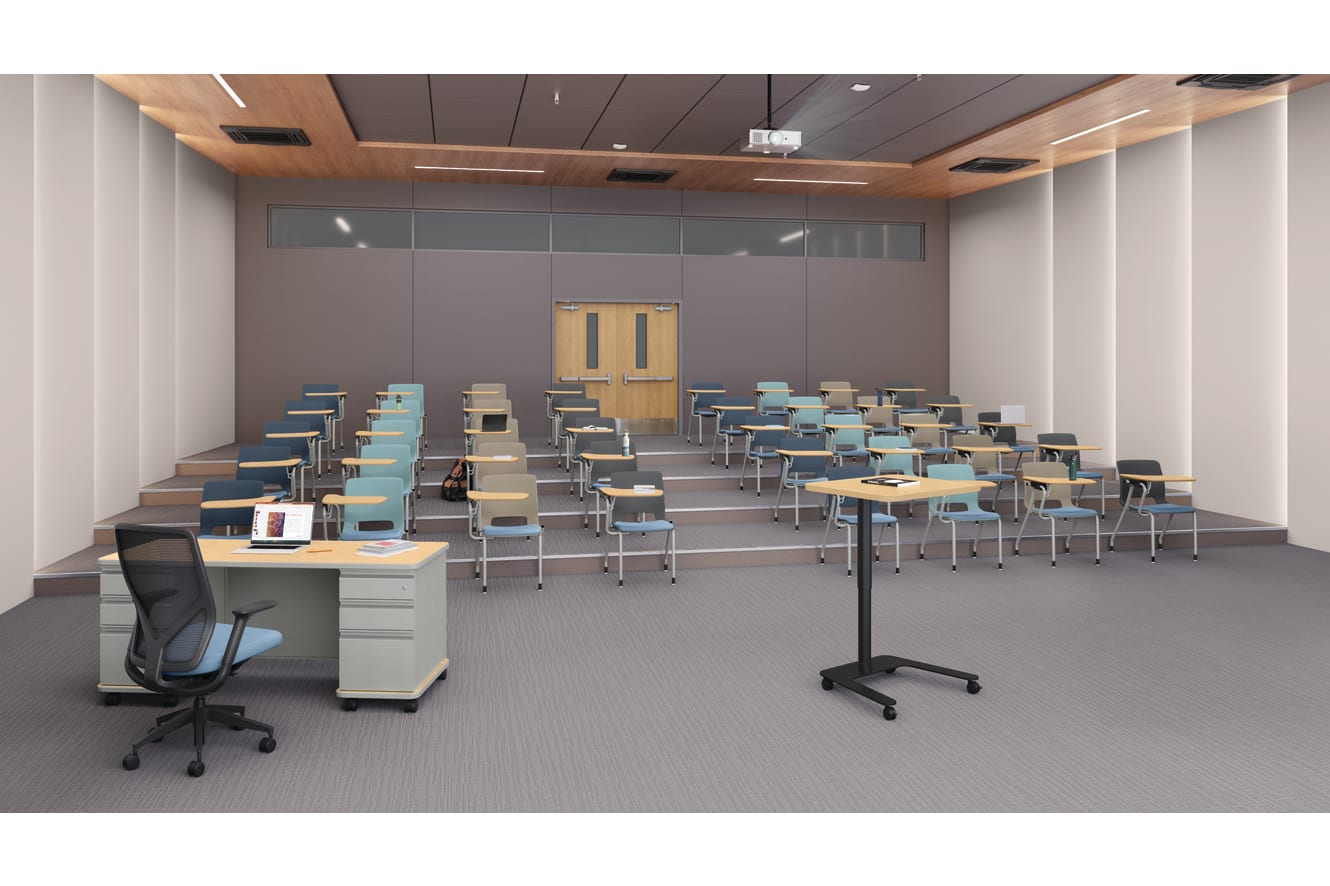 A classroom setting featuring Motivate chairs with tablet arms and SmartLink teacher desk.