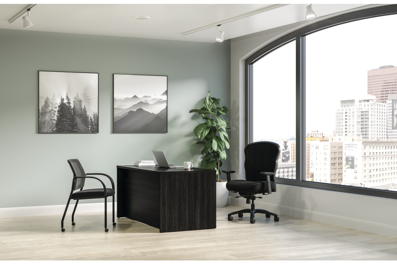 Mod desk in Java Oak with Wave big & tall chair and Ignition seating