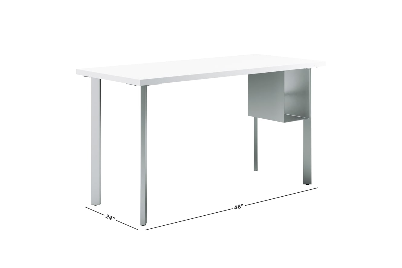 Designer white Coze table desk with silver post legs and undermount storage