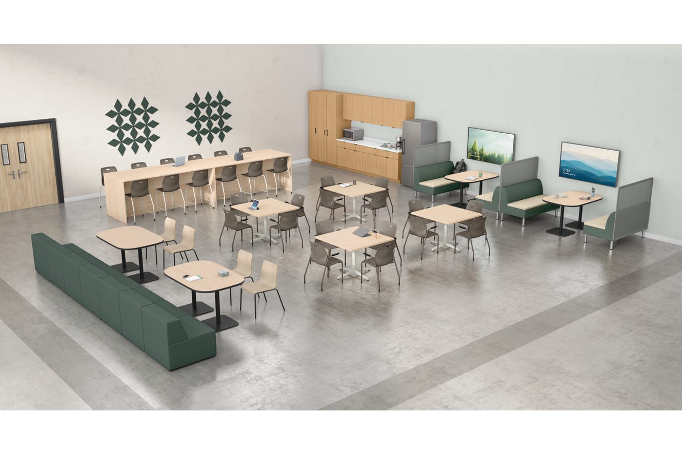 Teacher's lounge with brown Etch chairs, Tangram soft seating, and Astir booths.