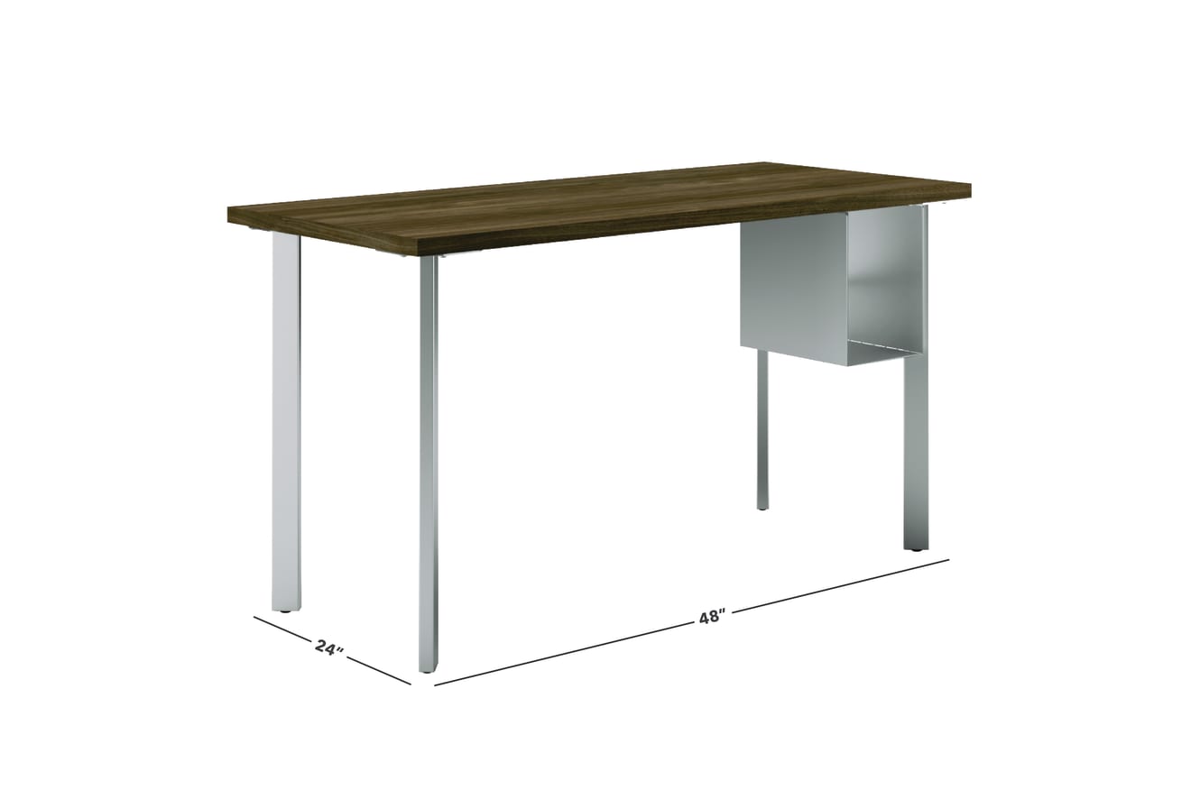 Florence walnut Coze table desk with silver post legs and undermount storage