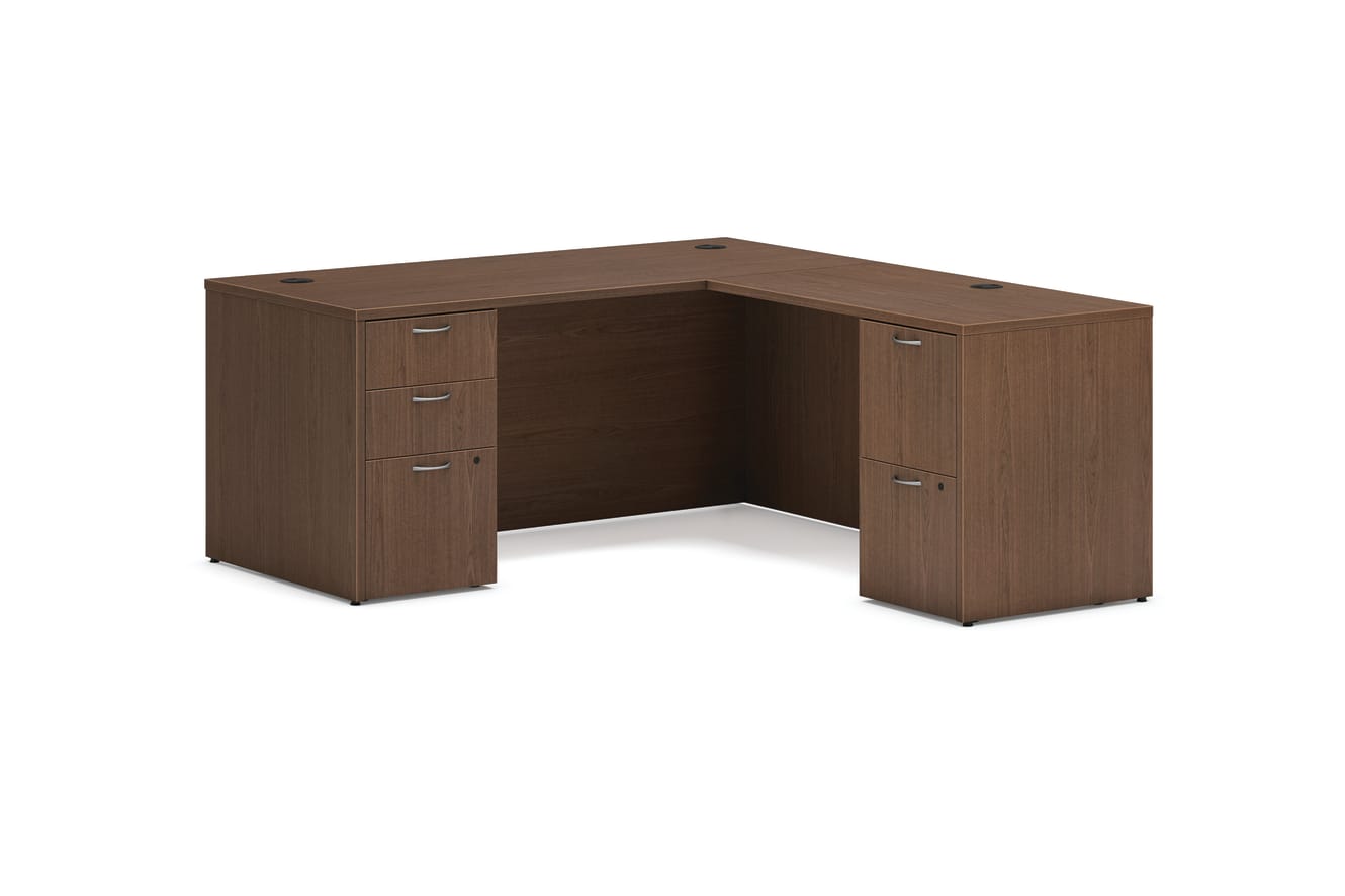 Mod double pedestal L-station desk in Sepia Walnut