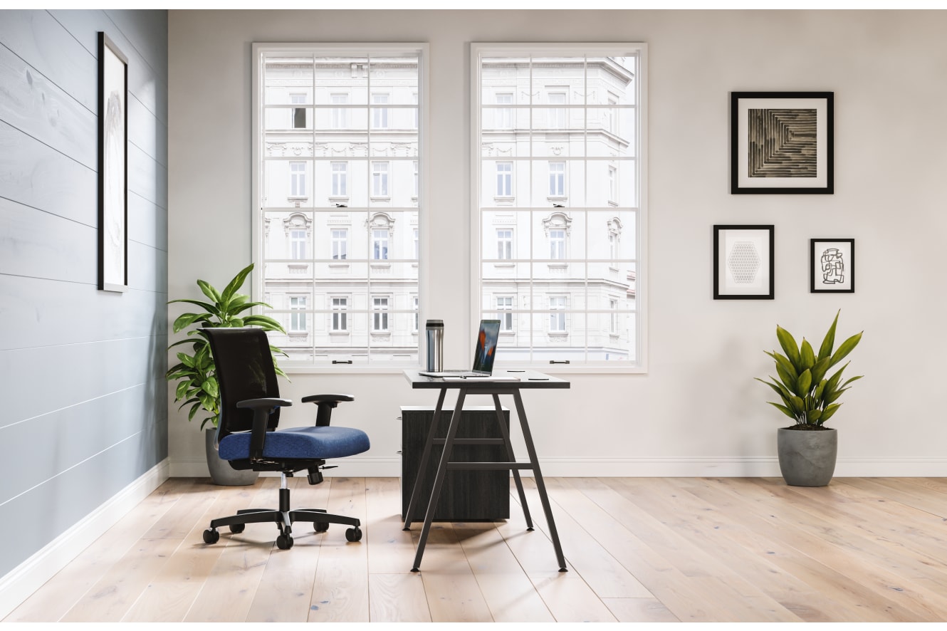 Mod Black a-leg desk in Java Oak laminate with Convergence task chair