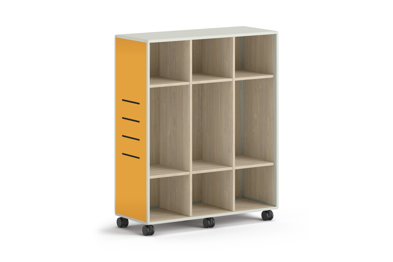 Tall mobile storage unit with eight square cubbies and orange side panels.