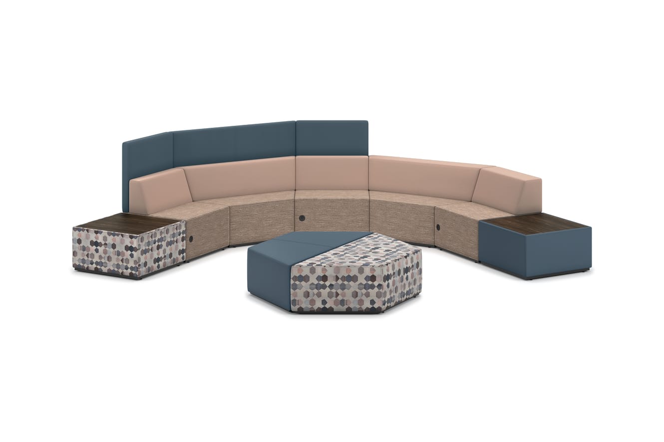 Tangram half-round vignette with Tangram poufs and square in-line tables.