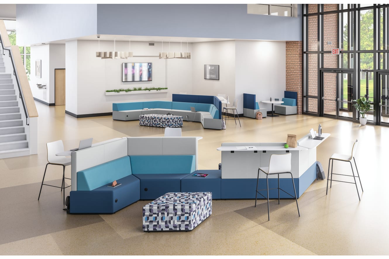Tangram Bistro-backs with Tangram chairs and ottomans, Birk table, and Ruck stools.