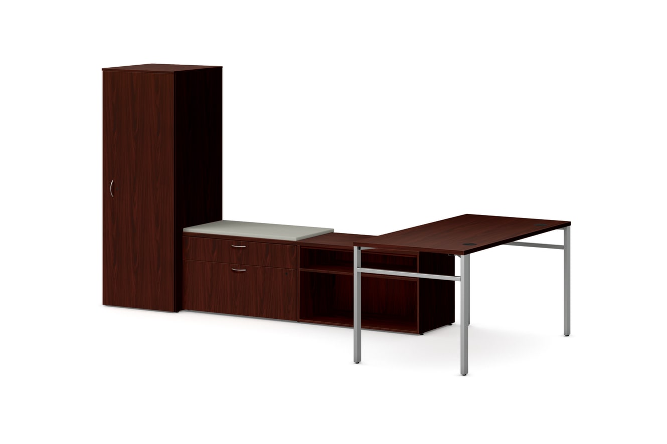 Mod L-Station Desk with Personal Storage Tower in Slate Teak with Silver Legs