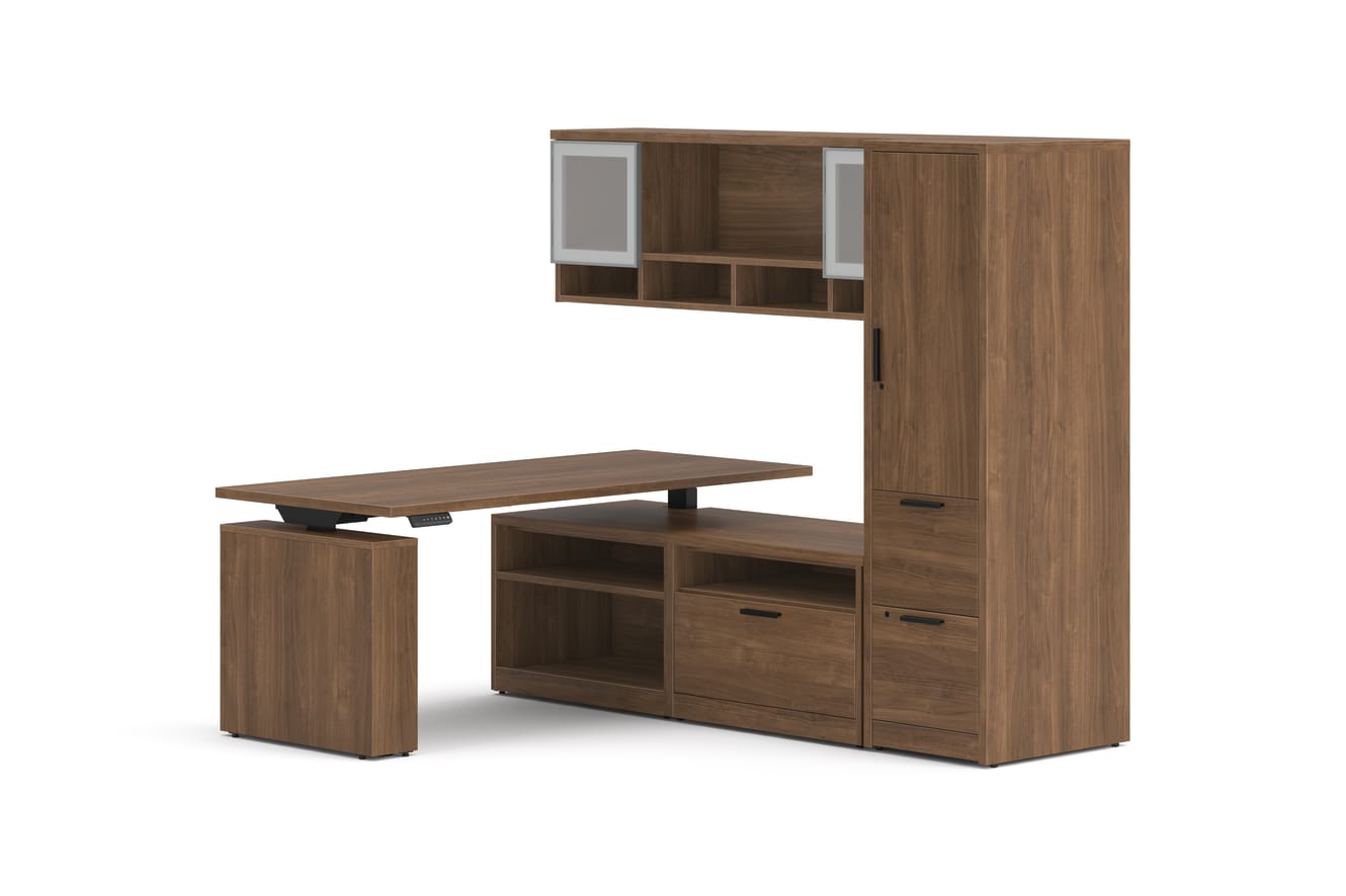 10500 Series Height Adjustable L Workstation in  Pinnacle Laminate and Black Height Adjustable Base.